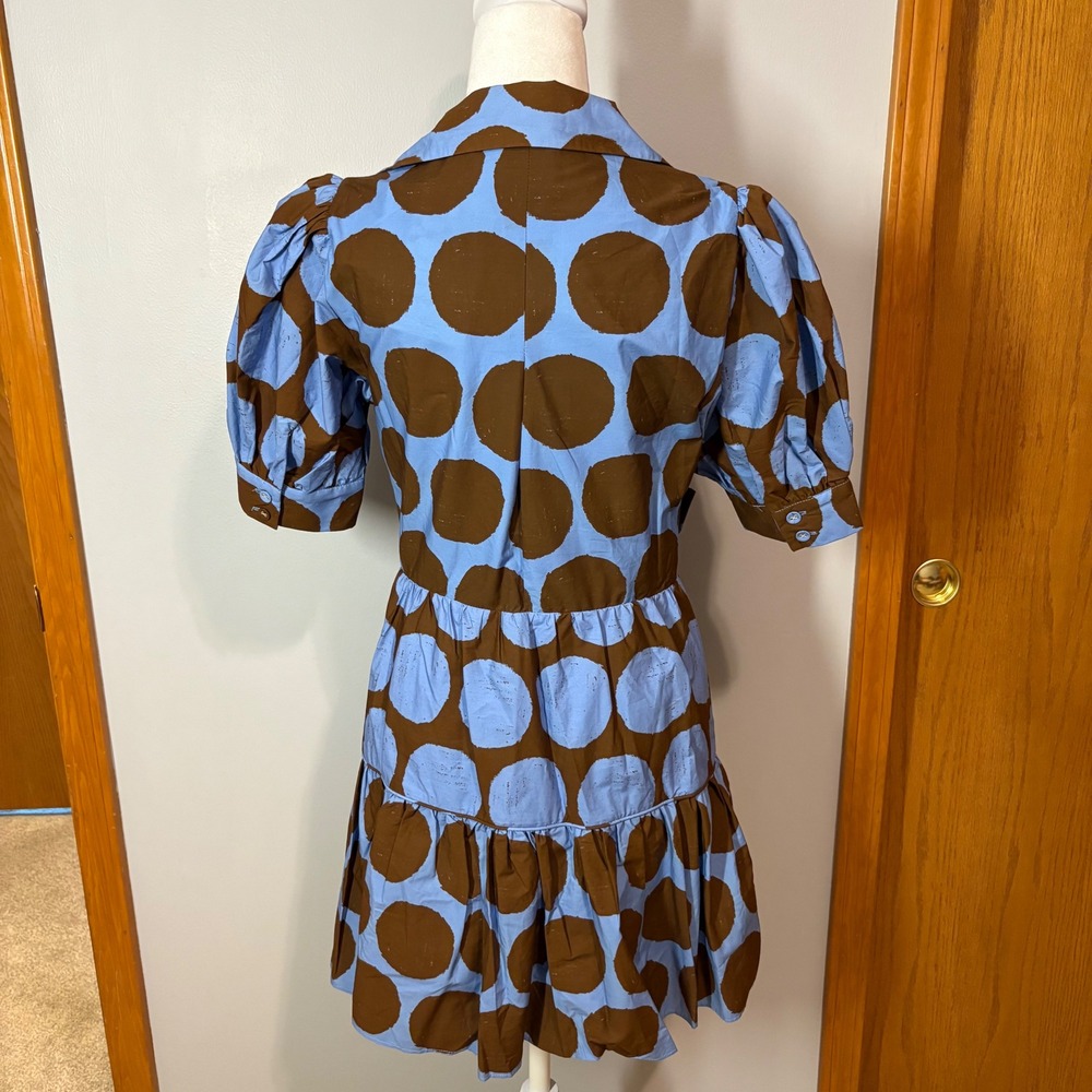 Anthropologie Farm Rio Mini Dress Blue Puff Sleeve Bow Vacay Resort Retro S NWT - Picture 8 of 16
